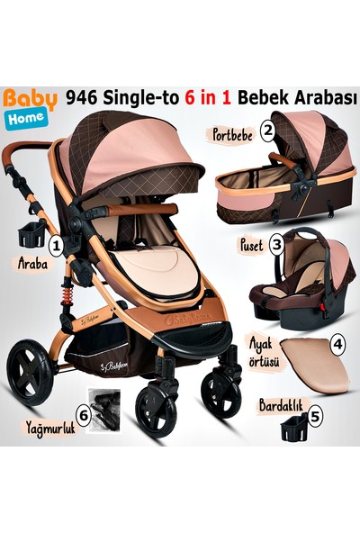 Baby Home 946 Single-To Amortisörlü 6 In 1 Travel Sistem Bebek Arabası