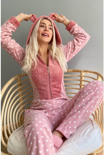 InstaPijama Mini Puan Desenli Kadın Polar Peluş Tulum Pijama