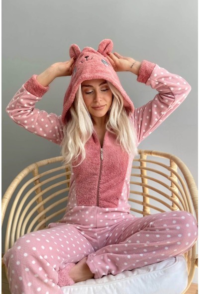 InstaPijama Mini Puan Desenli Kadın Polar Peluş Tulum Pijama