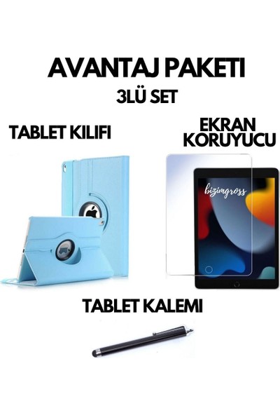 BizimGross Apple iPad 9 Kılıf 9. Nesil MK2K3TU/A 10.2 Dönebilen Tablet Kılıfı + Ekran Koruyucu + Tablet Kalemi Mavi