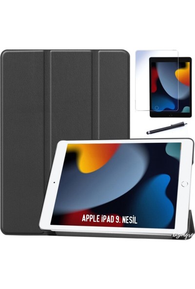 BizimGross Apple iPad 9 Kılıf 9. Nesil MK4H3TU/A Smart Cover Tablet Kılıfı + Ekran Koruyucu + Tablet Kalemi Siyah