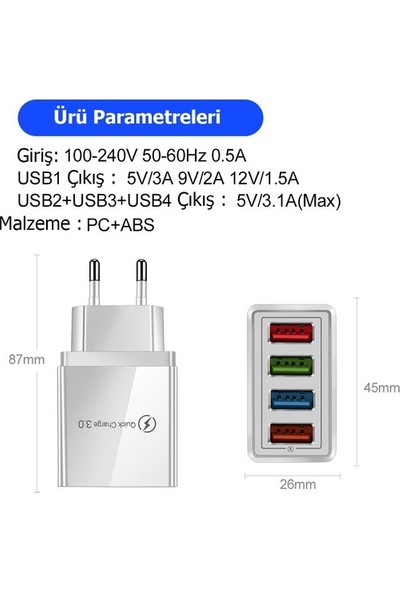 Zuidid Hızlı Şarj Qc 3.0 4 USB Portlu 3.1A - 48W Çoklu Şarj Cihazı + 3 A Hızlı Şarj Kablosu - Type C