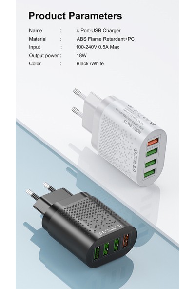 Zuidid 48 W 3 Amper 4 USB Portlu Hızlı Şarj Cihaz - Çoklu Şarj + 3 A Hızlı Şarj Kablosu - Type C
