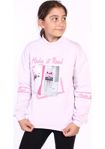 Toontoy Kız Çocuk Baskılı Taş Işlemeli Balıkçı Yaka Sweatshirt