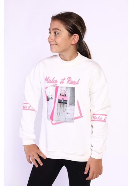 Toontoy Kız Çocuk Baskılı Taş Işlemeli Balıkçı Yaka Sweatshirt