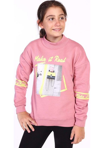 Toontoy Kız Çocuk Baskılı Taş Işlemeli Balıkçı Yaka Sweatshirt