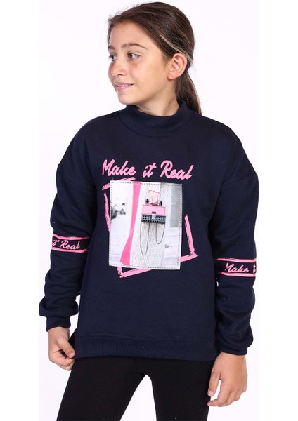 Toontoy Kız Çocuk Baskılı Taş Işlemeli Balıkçı Yaka Sweatshirt