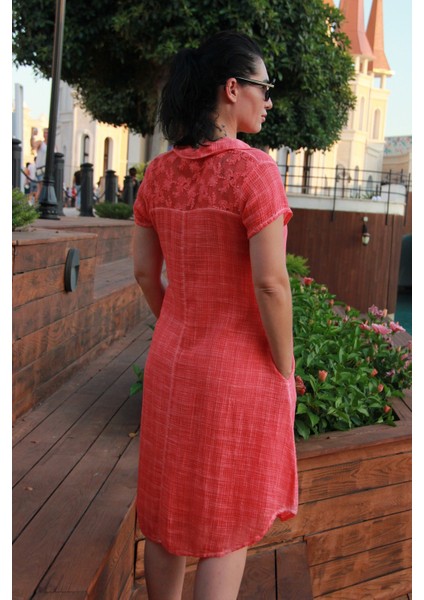 Kadın Petek Dokulu Dantel Detaylı Naturel Pamuk Elbise