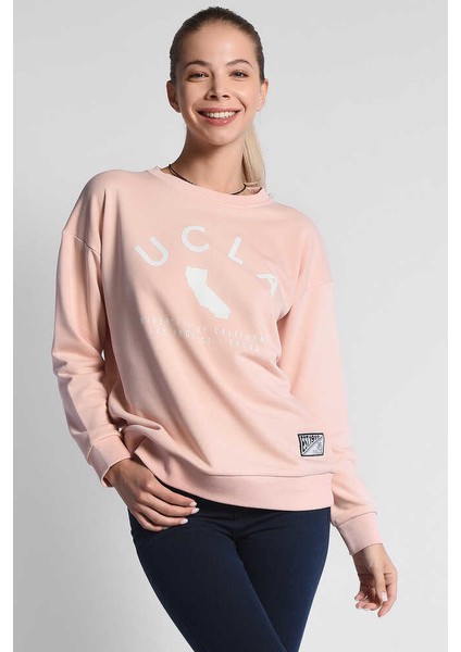 ALAMEDA Pembe Bisiklet Yaka Baskılı Oversize Kadın Sweatshirt fırsatları