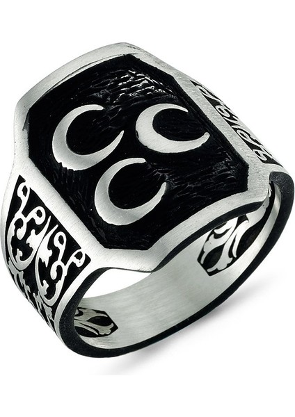 Üç Hilal Motifli Taşsız Gümüş Erkek Yüzük