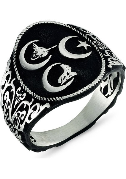 Üç Hilal Bozkurt Motifli Taşsız Gümüş Erkek Yüzük