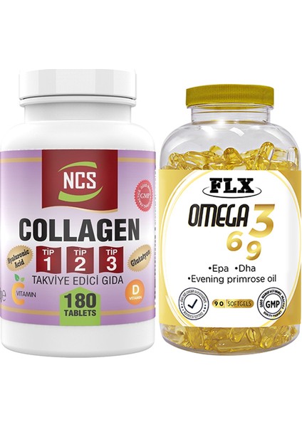 Kollajen Tip 1-2-3 Glutatyon Vitamin C-E 180 Tablet & Flx Omega 3-6-9 Balık Yağı 90 Softgel