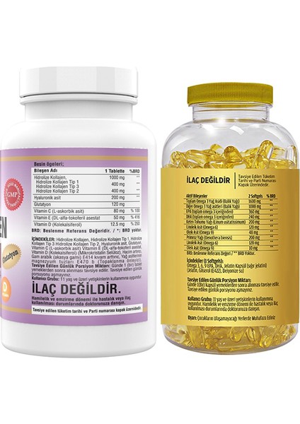 Kollajen Tip 1-2-3 Glutatyon Vitamin C-E 180 Tablet & Flx Omega 3-6-9 Balık Yağı 90 Softgel