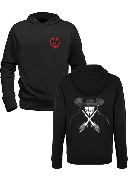 V For Vendetta Resimli Tasarım Baskılrı Siyah Ön Arka Çocuk Baskılı Sweatshirt