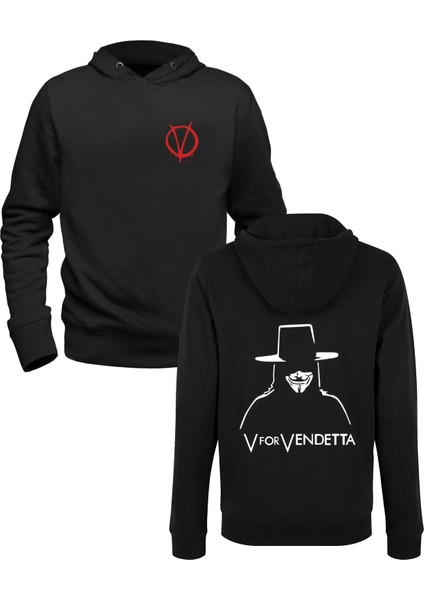 V For Vendetta Resimli Tasarım Baskılrı Siyah Ön Arka Çocuk Baskılı Sweatshirt