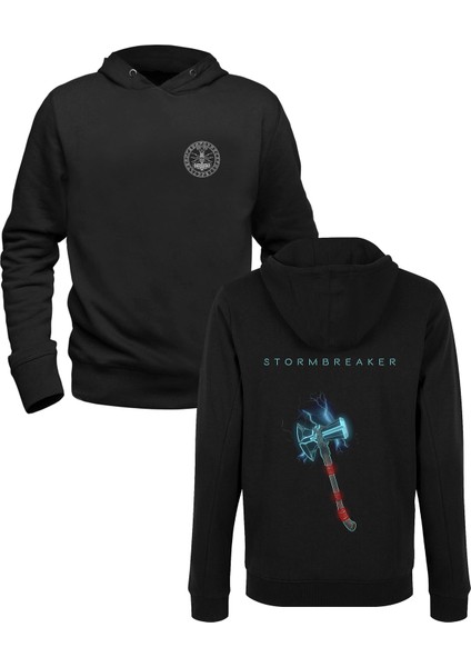 Thor Mjolnir Resim Baskılı Hammer Siyah Ön Arka Çocuk Baskılı Sweatshirt
