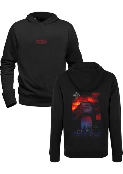 Stranger Things Baskılı Siyah Ön Arka Çocuk Baskılı Sweatshirt