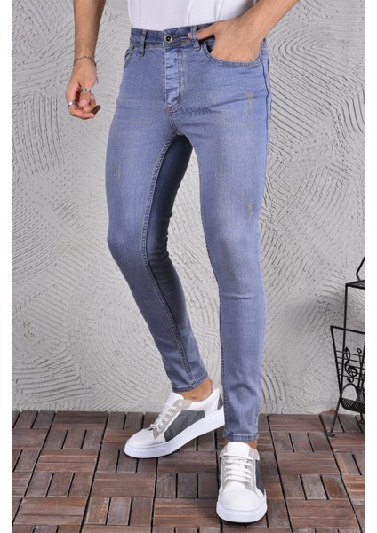 Erkek Jeans Skinny Fit Likralı Açık Mavi Dar Paça Tırnaklı Kot Pantolon
