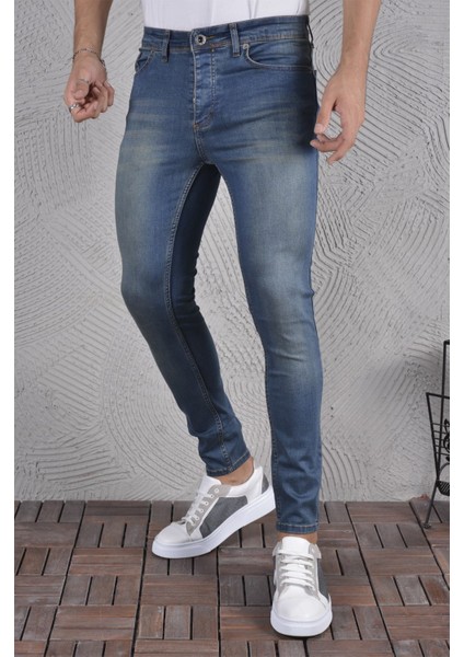 Erkek Jeans Skinny Fit Likralı Mavi Dar Paça Tırnaklı Kot Pantolon