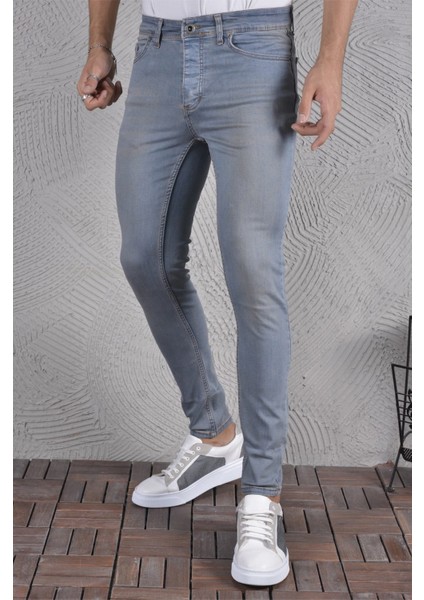 Erkek Jeans Skinny Fit Likralı Açık Mavi Eskitilmiş Görünümlü Dar Paça Kot Pantolon fiyatları