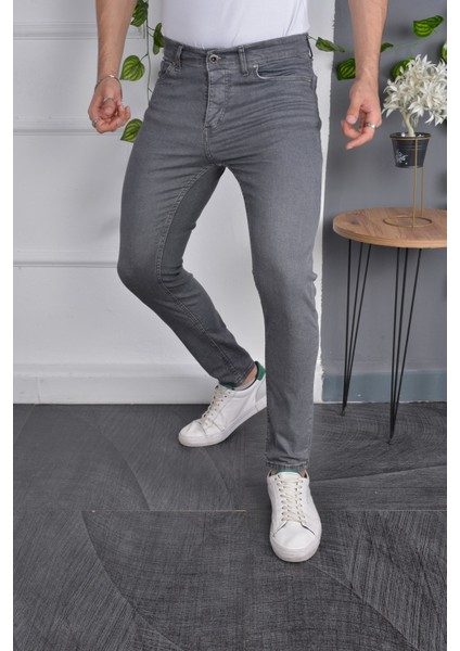 Erkek Jeans Skinny Fit Likralı Antrasit Gri Dar Paça Kot Pantolon