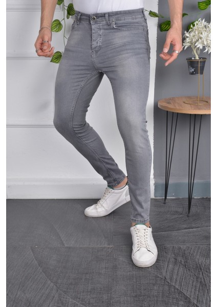 Erkek Jeans Skinny Fit Likralı Eskitilmiş Görünümlü Gri Dar Paça Kot Pantolon