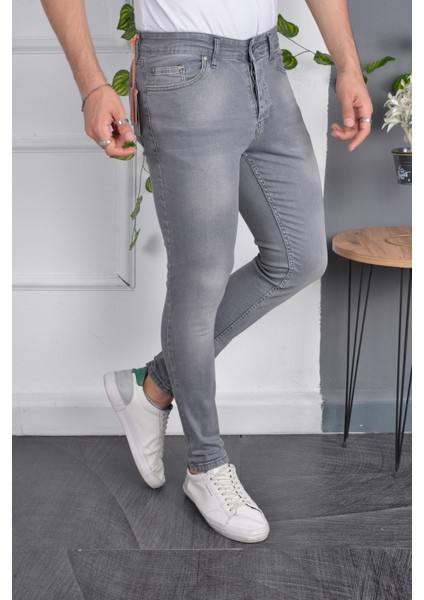 Erkek Jeans Skinny Fit Likralı Eskitilmiş Görünümlü Gri Dar Paça Kot Pantolon fiyatları