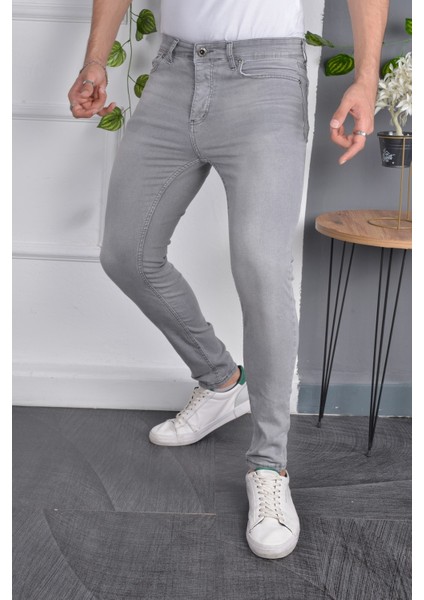 Erkek Jeans Skinny Fit Likralı Açık Gri Dar Paça Kot Pantolon