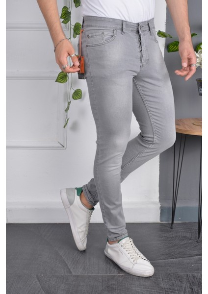 Erkek Jeans Skinny Fit Likralı Açık Gri Dar Paça Kot Pantolon fiyatları