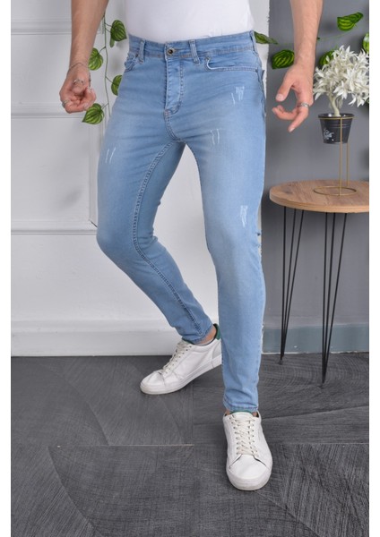 Erkek Jeans Skinny Fit Likralı Açık Mavi Italyan Stil Dar Paça Tırnaklı Kot Pantolon