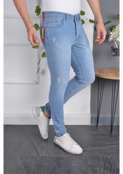 Erkek Jeans Skinny Fit Likralı Açık Mavi Italyan Stil Dar Paça Tırnaklı Kot Pantolon modelleri