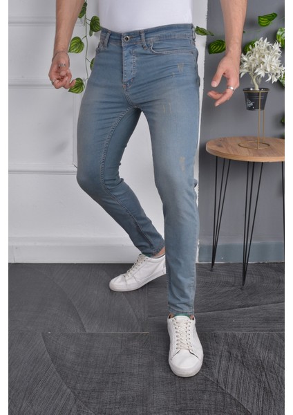 Erkek Jeans Slim Fit Likralı Mavi Dar Kesim Tırnaklı Kot Pantolon