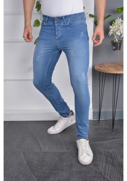 Erkek Slim Fit Likralı Mavi Dar Paça Tırnaklı Esnek Jean Kot Pantolon