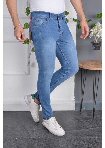 Erkek Slim Fit Likralı Mavi Dar Paça Tırnaklı Esnek Jean Kot Pantolon fiyatları