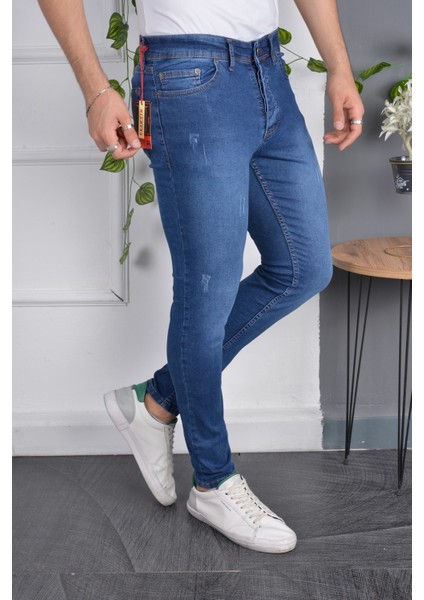 Italyan Kesim Skinny Fit Likralı Canlı Mavi Dar Kesim Tırnaklı Erkek Jean Kot Pantolon