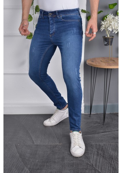 Erkek Jeans Slim Fit Likralı Dar Paça Tırnaklı Mavi Kot Pantolon