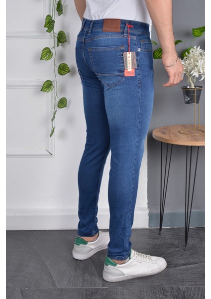 Erkek Jeans Slim Fit Likralı Dar Paça Tırnaklı Mavi Kot Pantolon fiyatları