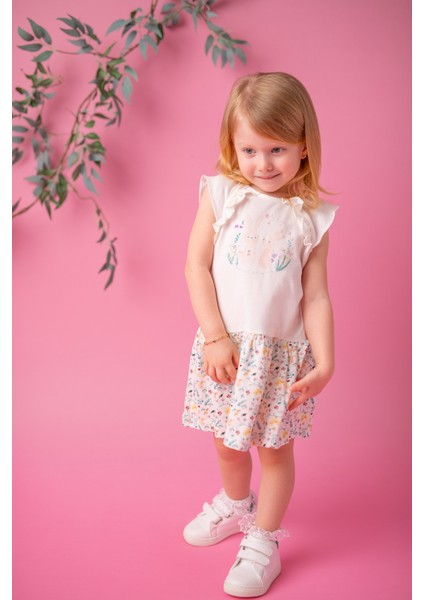 Kız Bebek Ekru Bunnies Desenli Elbise (9 Ay - 4 Yaş )
