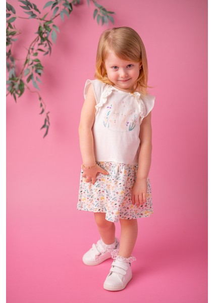 Kız Bebek Ekru Bunnies Desenli Elbise (9 Ay - 4 Yaş )