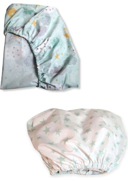 Pamuklu Bebek ve Çocuk Lastikli Çarşaf Yeşil Ay ve Yeşil Yıldızlı 70X110 (2 Adet)