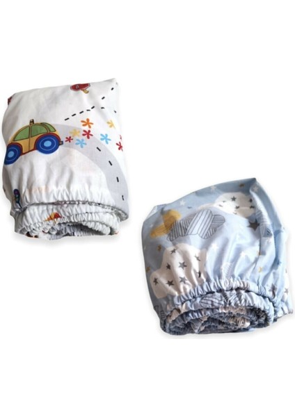 Pamuklu Bebek ve Çocuk Lastikli Çarşaf Mavi Ay ve Trafik 70X160 (2 Adet)