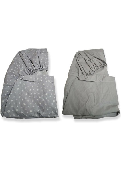 Pamuklu Bebek ve Çocuk Lastikli Çarşaf Gri ve Yıldızlı Gri 80X130 (2 Adet)