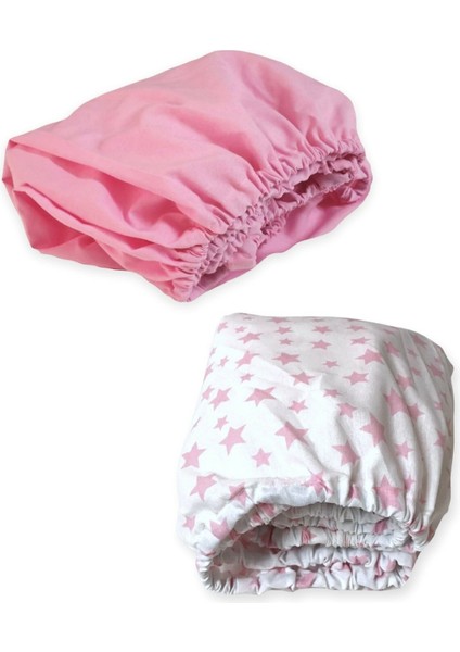 Pamuklu Bebek ve Çocuk Lastikli Çarşaf Pembe ve Pembe Yıldızlı 90X130 (2 Adet)