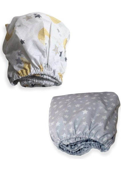 Pamuklu Bebek ve Çocuk Lastikli Çarşaf Sarı Ay ve Gri Zemin Yıldızlı 60X160 (2 Adet)