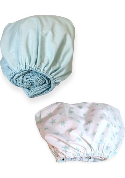 Pamuklu Bebek ve Çocuk Lastikli Çarşaf Mint Yeşili ve Yeşil Yıldızlı 70X130 (2 Adet)