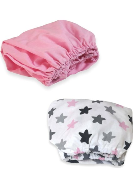 Pamuklu Bebek ve Çocuk Lastikli Çarşaf Pembe ve Pembe Gri Yıldızlı 70X180 (2 Adet)