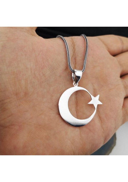 925 Ayar Gümüş Ayyıldız Kolye Kalın Zincirli