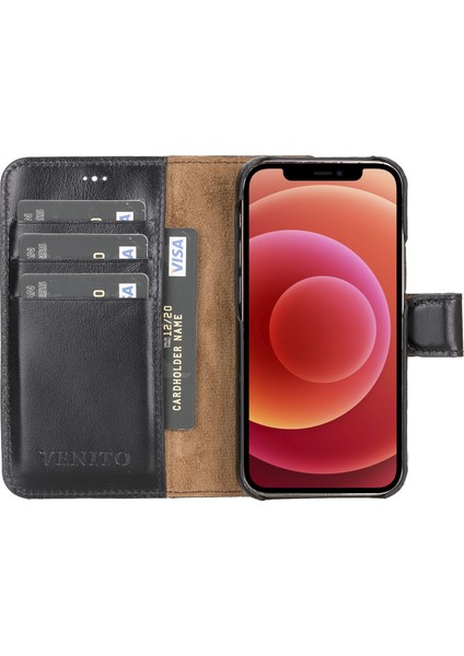 Apple iPhone 12 Mini Florence Siyah Deri Cüzdan Telefon Kılıfı