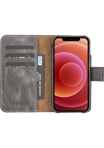 Apple iPhone 12 Mini Florence Gri Deri Cüzdan Telefon Kılıfı