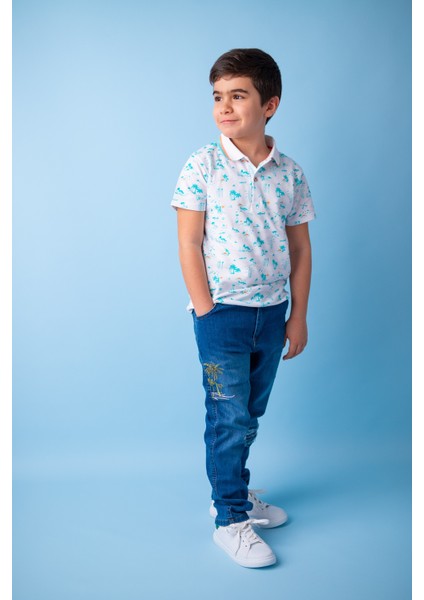 Erkek Çocuk Mavi Palmiye Nakışlı Kot Pantolon (5 - 14 Yaş )